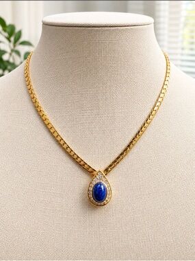 Christian Dior Gold Plated Blue Stone Pendant Herringbone Chain Necklace 34.45g